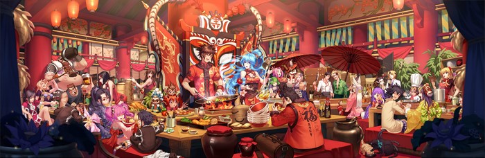 Anime characters celebrating in a tavern