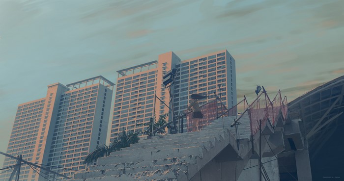 Anime girl on stairs with buildings and sky