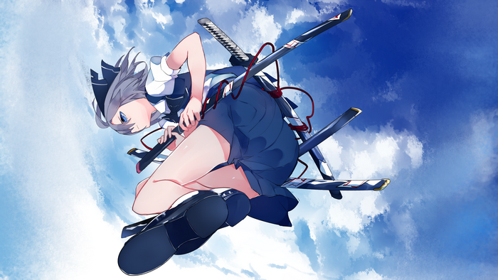Anime girl with swords against blue sky