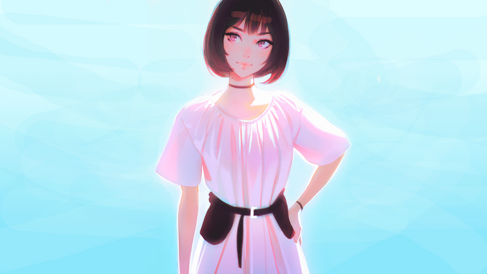 Anime girl with short black hair and pink eyes
