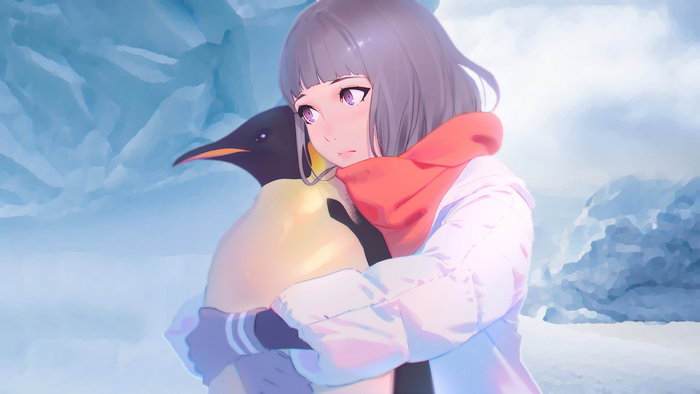 Anime girl hugging a penguin in a snowy landscape