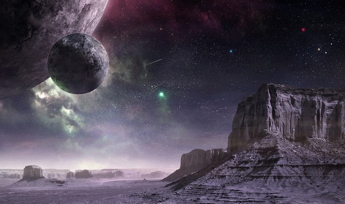 Alien planet landscape with moons and stars