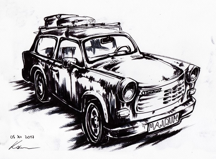 Monochrome painting of a Trabant car with luggage