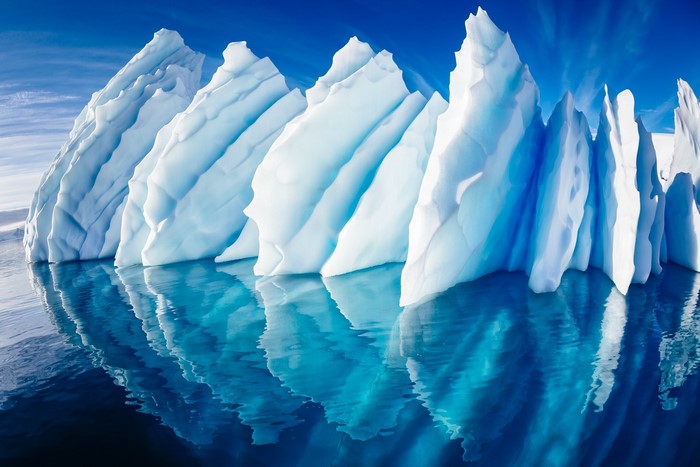 Icebergs reflecting in the ocean under a blue sky