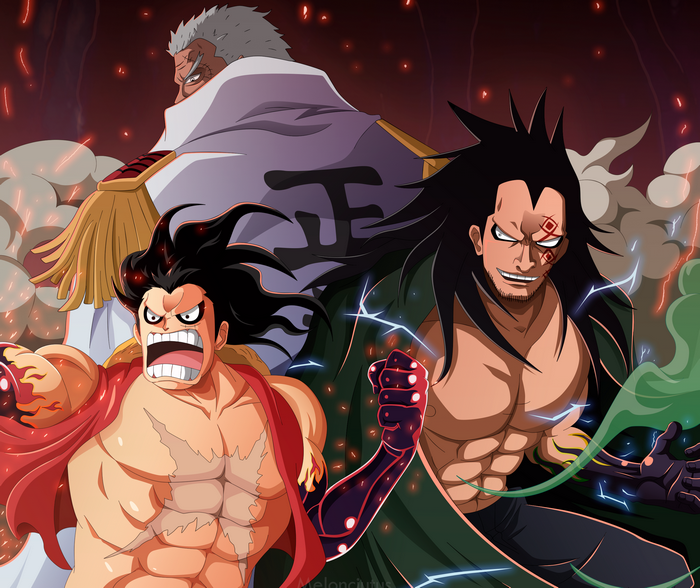 Monkey D. Luffy, Monkey D. Garp, and Dragon from One Piece