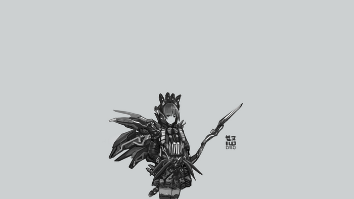 Monochrome anime girl with armor and spear
