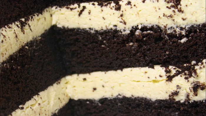 Close-up of chocolate cake with cream filling