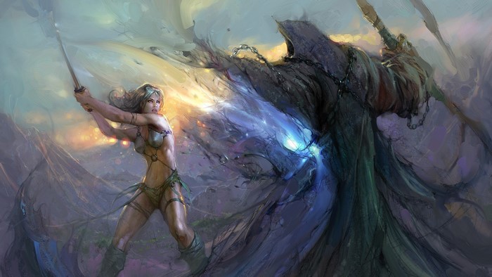 Woman fighting a hooded figure with a sword