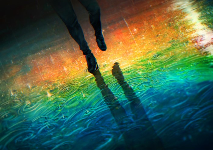 Running through a rainbow puddle