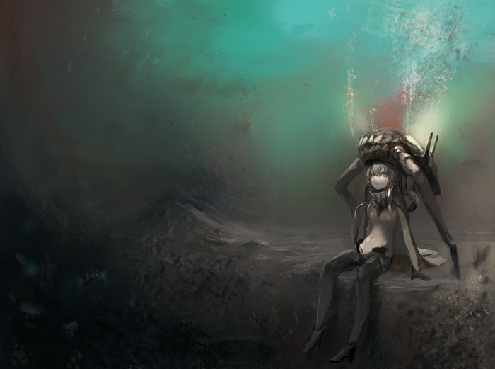 Anime girl with mechanical spider-like creature underwater
