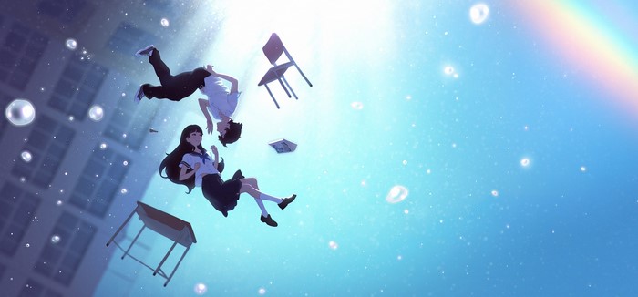 Anime students floating in a surreal, bubbly sky with a rainbow