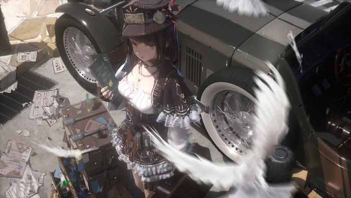 Anime girl in Victorian steampunk attire with a vintage car