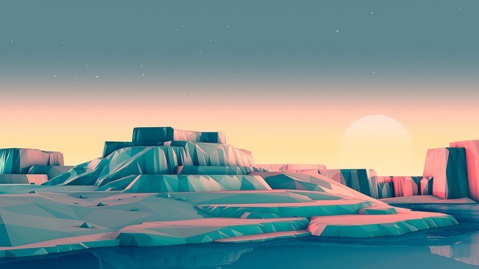 Low poly abstract landscape with sun and water