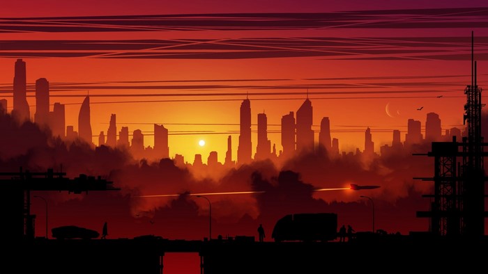 Futuristic city skyline at sunset with flying vehicle