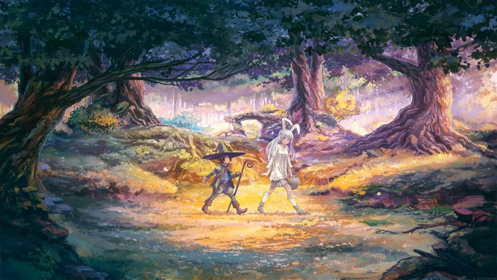 Two characters walking through a magical forest