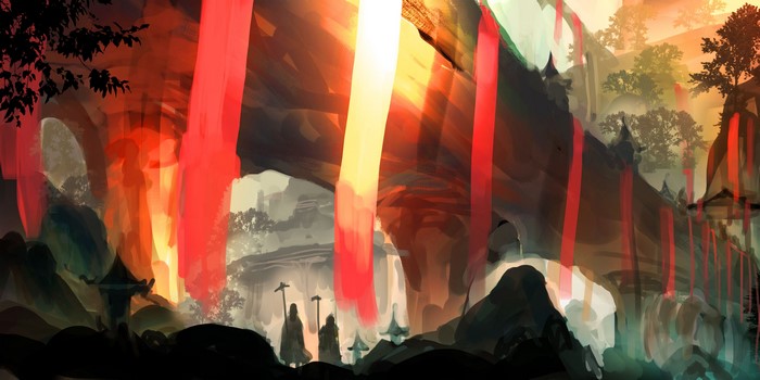 Digital art landscape with bridge and figures