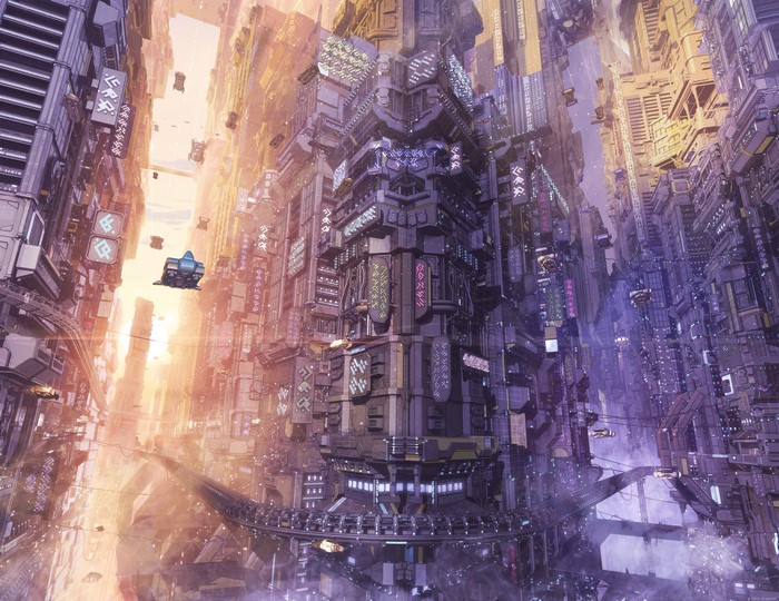 Futuristic cityscape with flying cars and towering skyscrapers