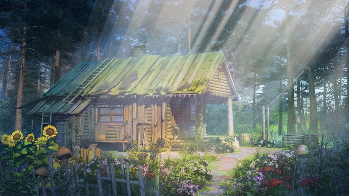 Log cabin in a sunlit forest with sunflowers