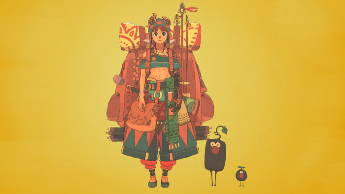 Anime girl with backpack and two creatures