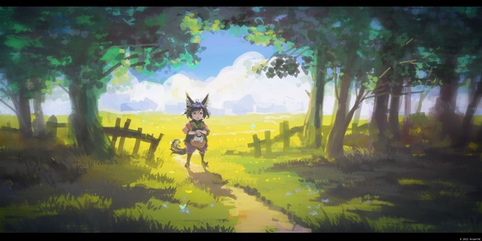 Anime girl with fox ears walking on a path in a forest