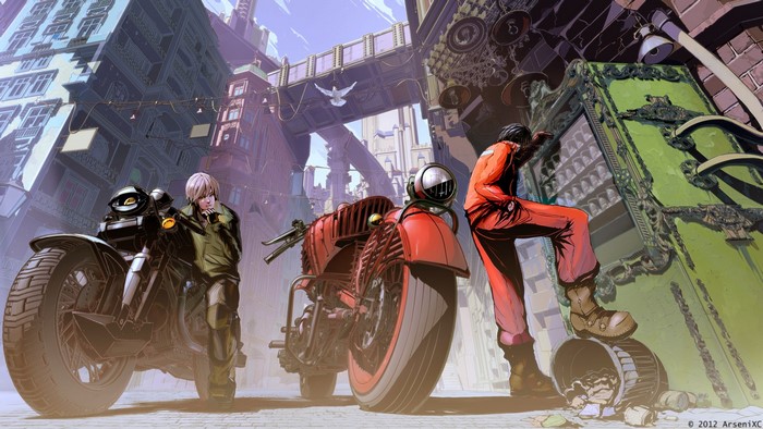 Two people and motorcycles in a futuristic city