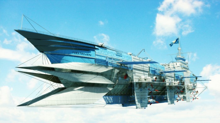 Futuristic airship flying in the sky