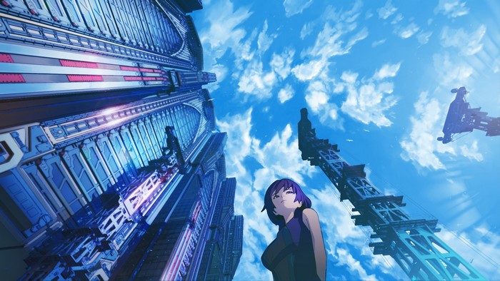 Anime girl looking up at futuristic city buildings and sky