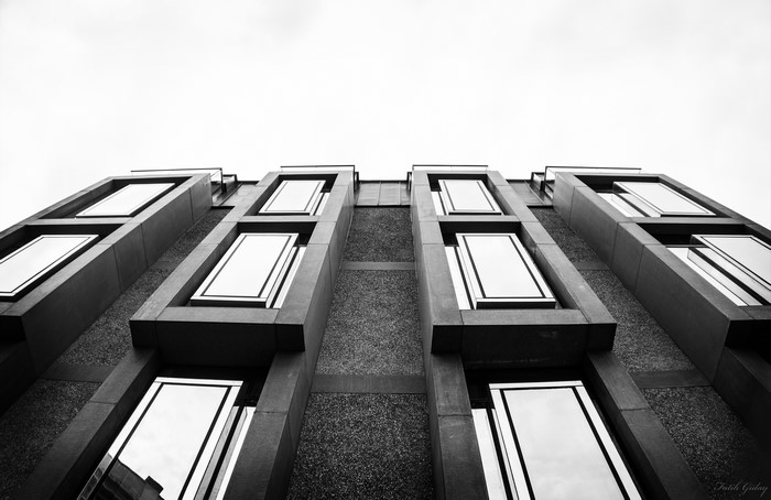 Monochrome building facade with repeating windows