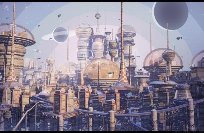 Futuristic science fiction cityscape with planets and spacecraft