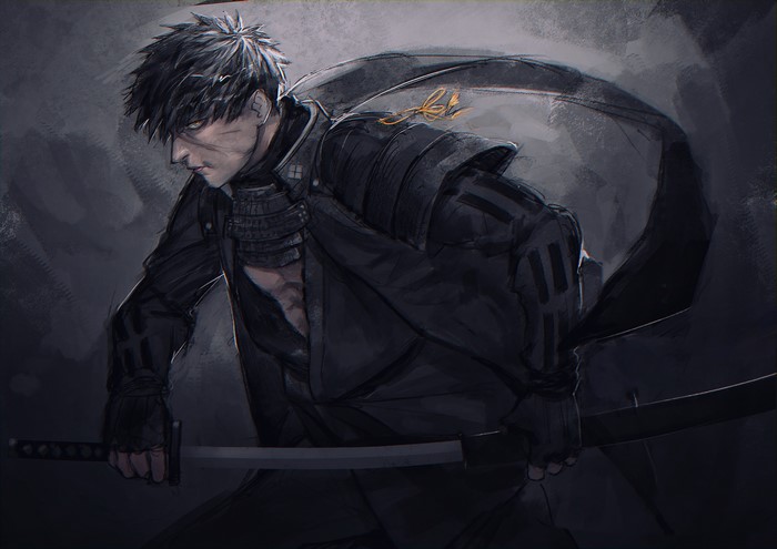 Samurai warrior with katana in dark armor