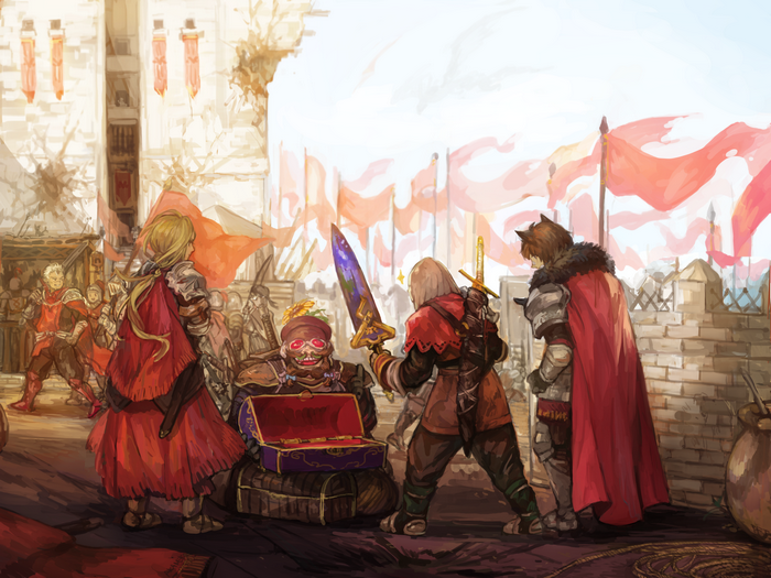 Pixiv Fantasia T: Warriors examine a treasure chest in a marketplace