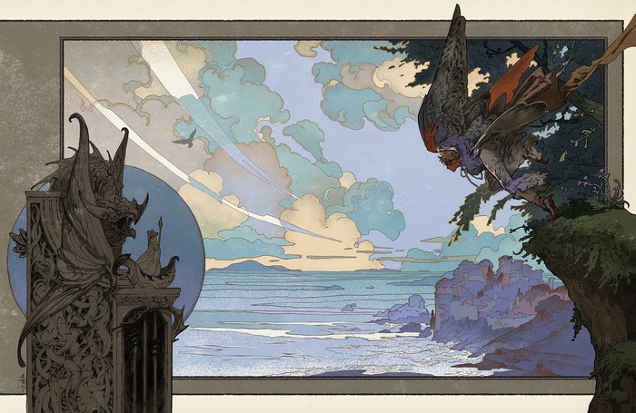 Dragon statue and winged figure overlooking a coastal landscape