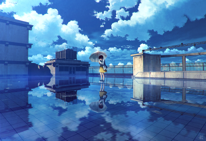 Anime girl with umbrella on a wet rooftop under clouds