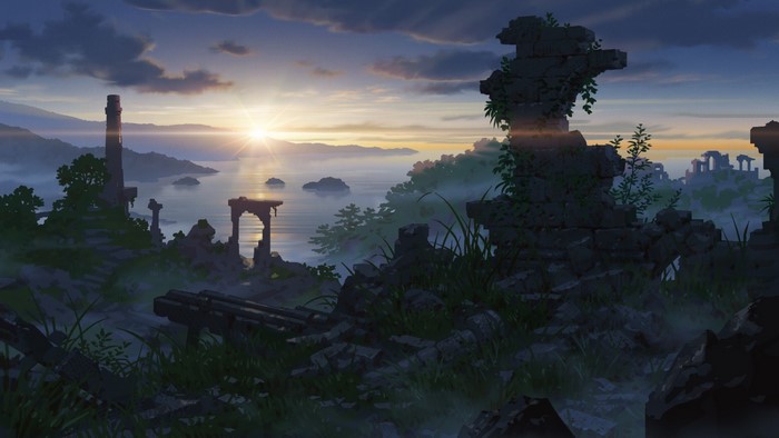 Ruins by the sea at sunset with mist