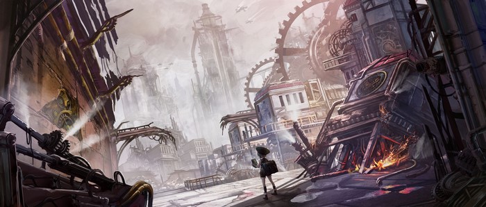 Steampunk cityscape with a girl and flying machines