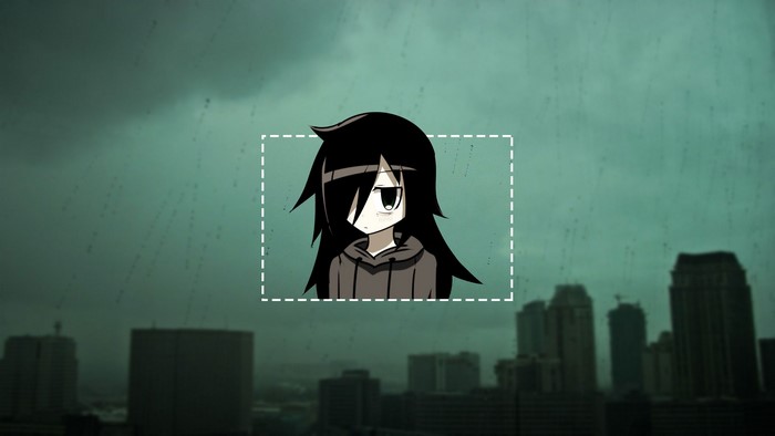 Tomoko Kuroki from WataMote in a cityscape during rain