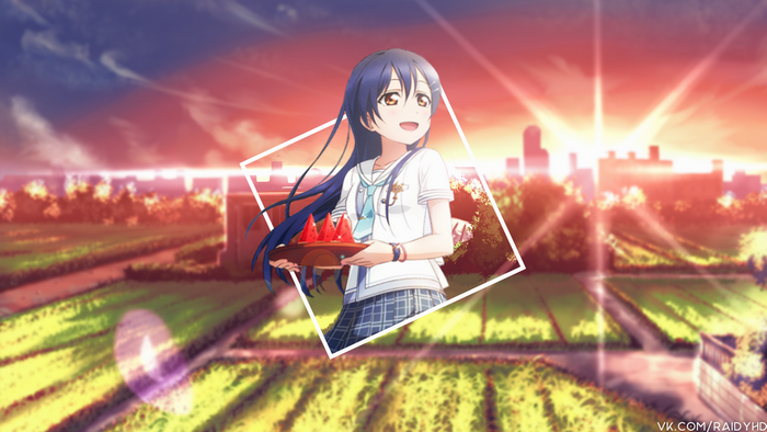 Sonoda Umi from Love Live! holding a plate of watermelon slices