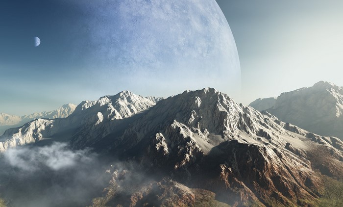 Alien planet landscape with mountains and moons
