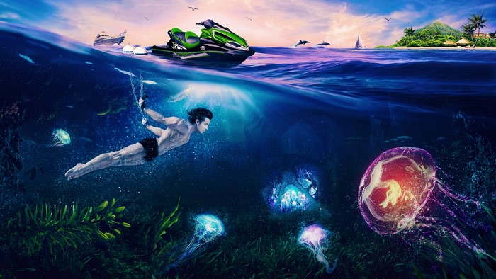 4K Underwater Scene with Swimmer and Jet Ski