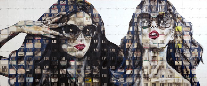 Artwork of two women made from floppy disks by Nick Gentry