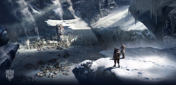Frostpunk city in a snowy mountain landscape with two explorers