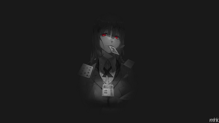 Anime girl with red eyes and playing cards