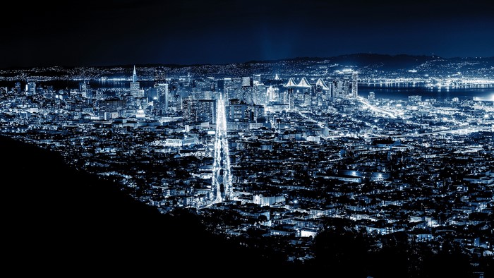 San Francisco skyline at night with city lights