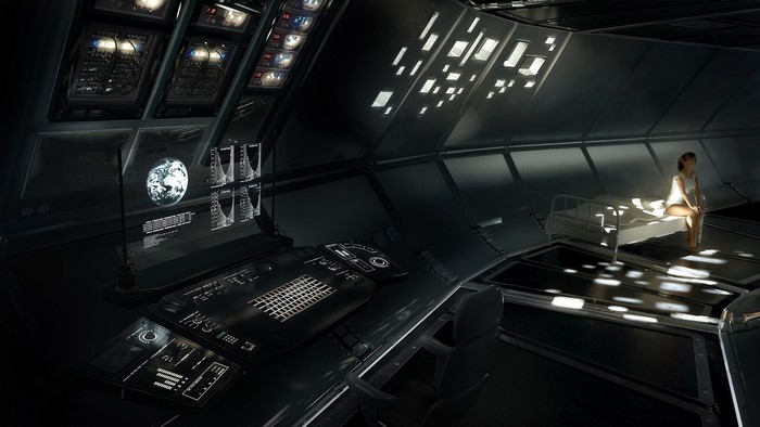 Woman sitting on a bed in a spaceship
