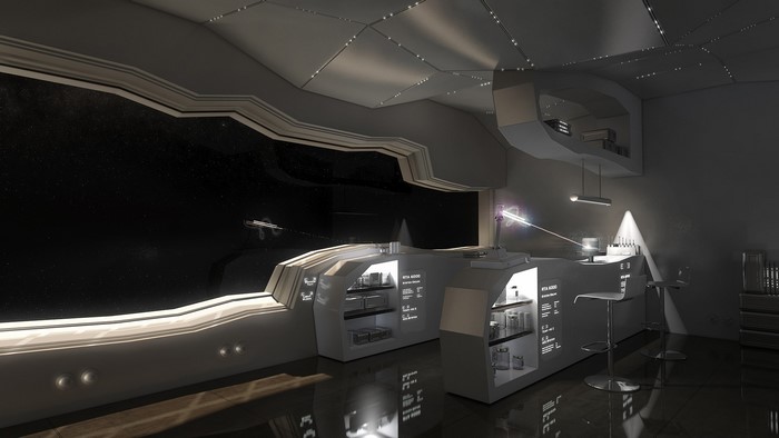 Interior of a futuristic spaceship with a view of space