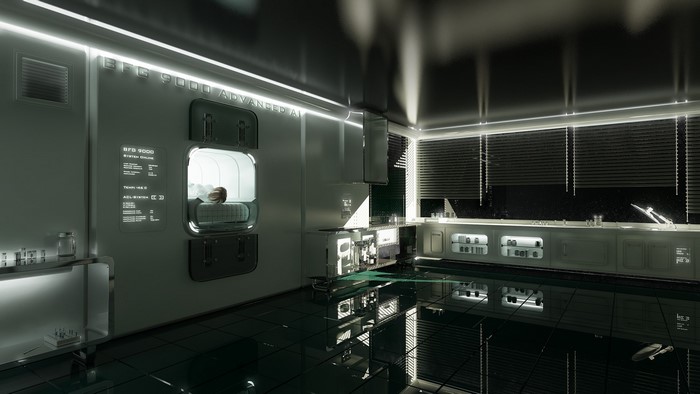 Science fiction spaceship laboratory with AI system