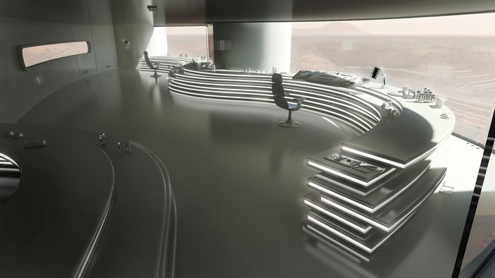 Interior of a futuristic space station with a view of Mars