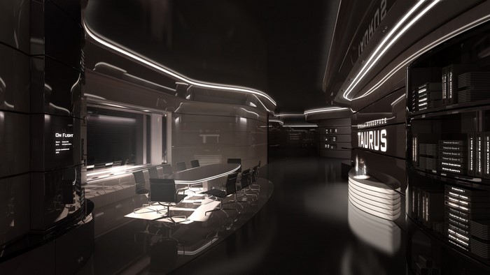 Futuristic spaceship interior with conference room and library