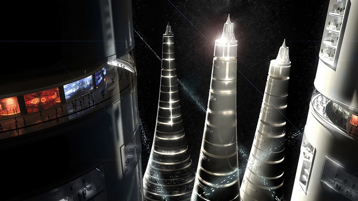 Futuristic space station with conical towers