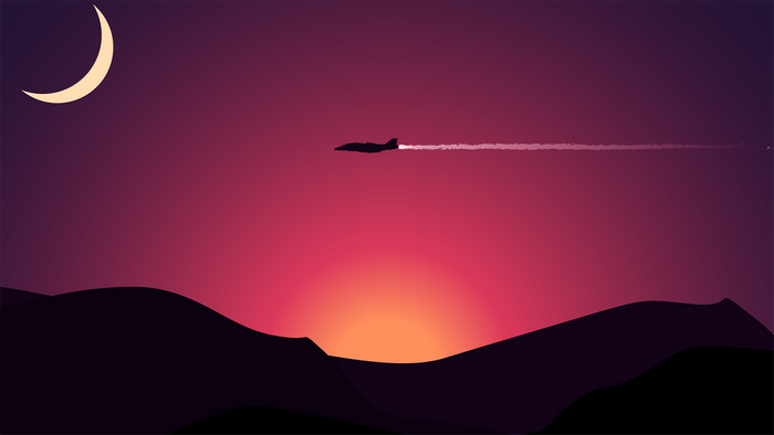 Airplane leaving contrails over hills at sunset with crescent moon